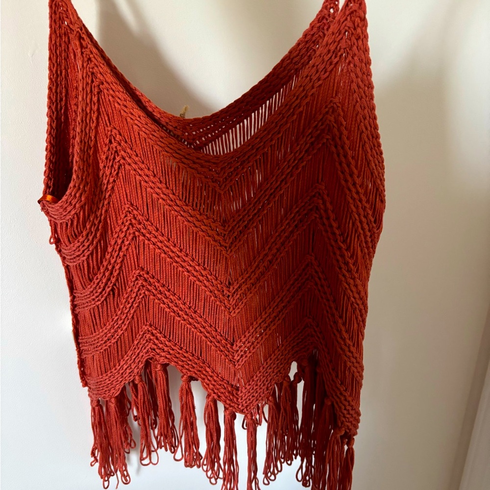 Rust Orange Crochet Fringe Top